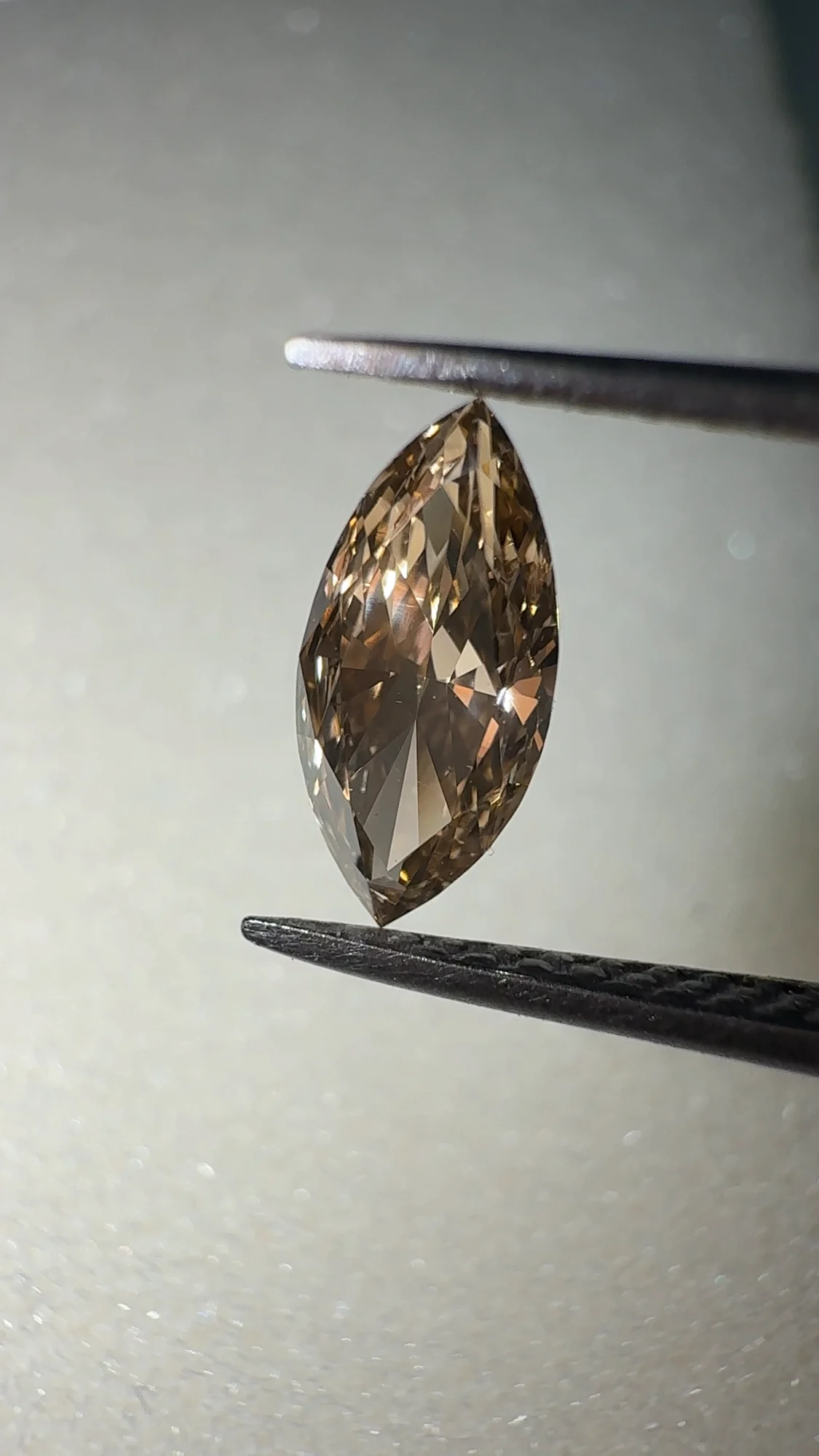 Champagne marquise diamond held face-up in tweezers